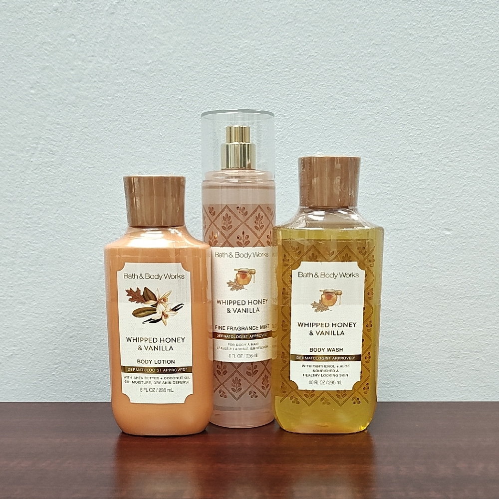 Bath & Body Works WHIPPED HONEY & VANILLA 3 Piece Body Care Bundle Set
